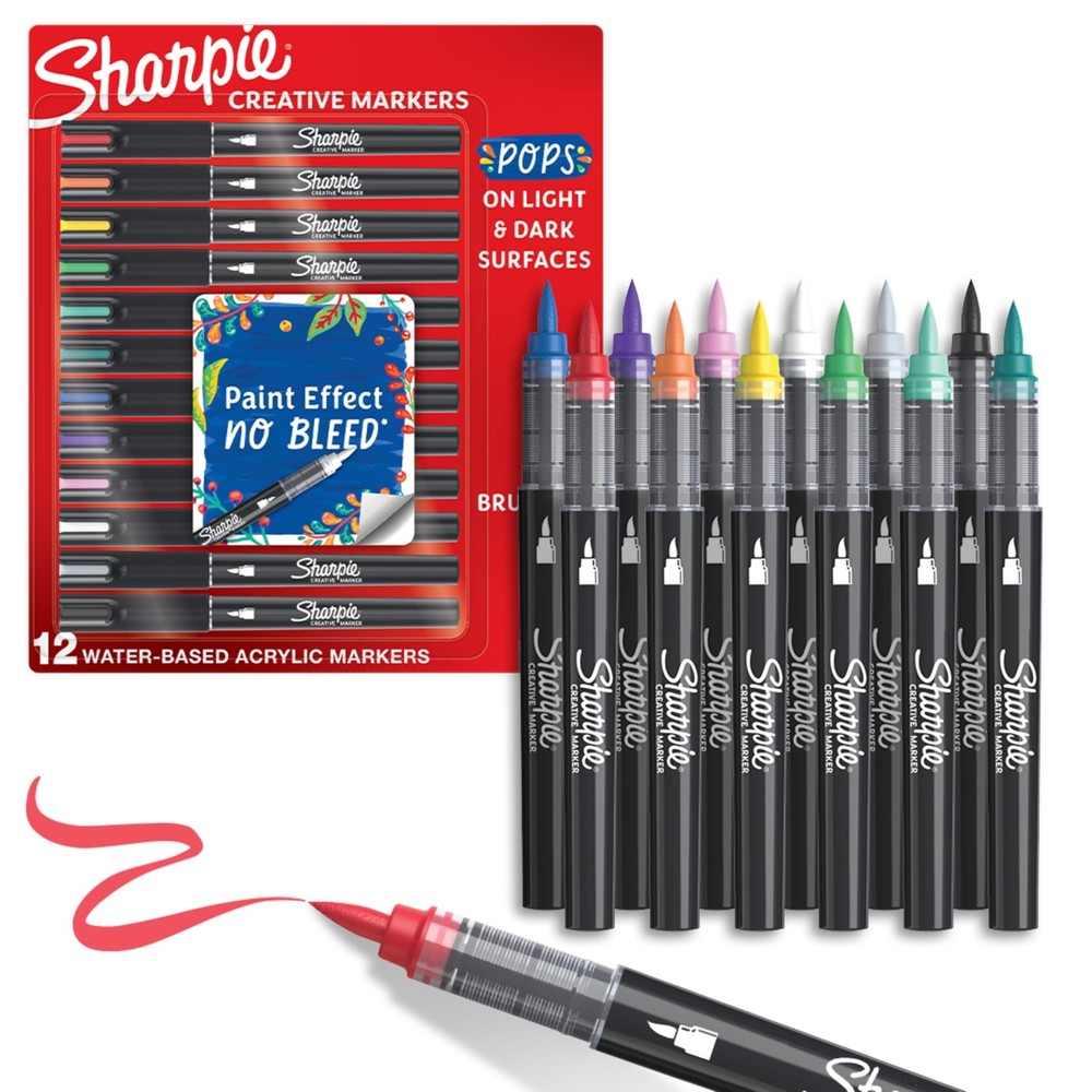 Sharpie Creative Paint-Like Brush Tip Acrylic Markers, Assorted Colors, 12 Count