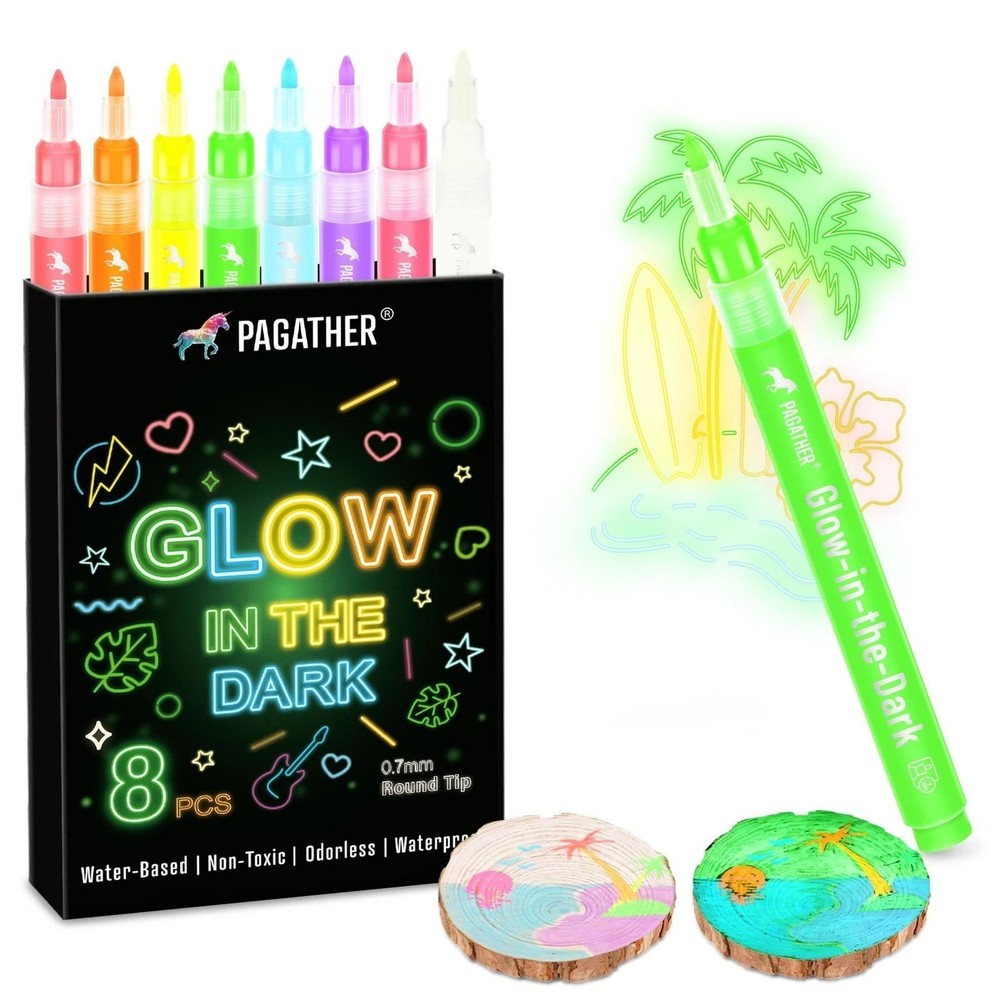 8 Colors Glow in the Dark Markers – 0.7mm Round Tip Neon Fluorescent Paint P…