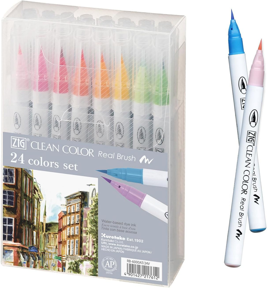 Zig Clean Color Real Brush 24 Colors Set, Brush Tip Marker Pens, for Professiona