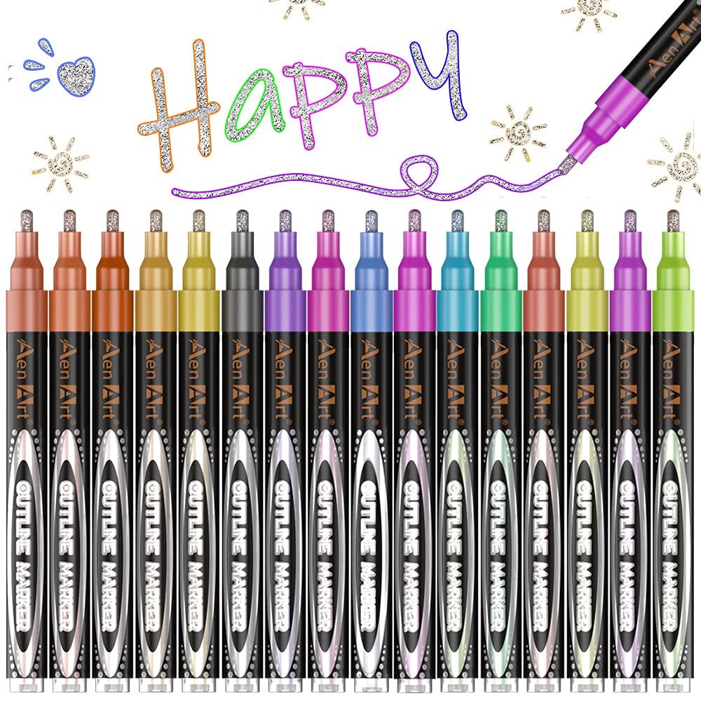 Aen Art Double Line Markers Outline Pens, Squiggles Shimmer 12 Colors
