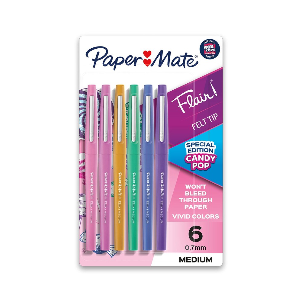 Paper Mate Flair Felt Tip Pens, Medium Point 6 Count (Pack of 1), Candy Pop