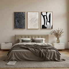 Black and White Abstract Framed Canvas Wall Art Set, Modern Textured Brushstr…