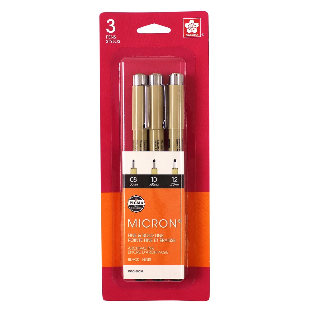Pigma Micron Pens Set of 3 Black 08 10 12 Archival Ink for Precision Art