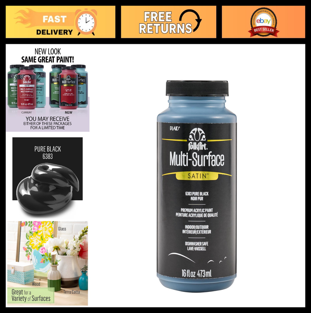 Multi-Surface Satin Acrylic Paint – Assorted Colors, 16 oz, Pure Black, Craft Su