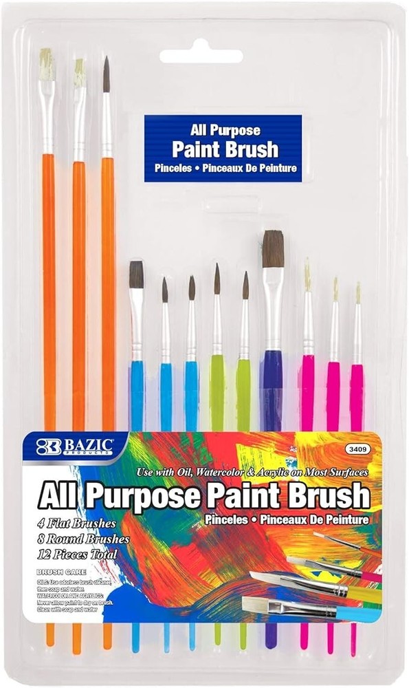 BAZIC Assorted Size Paint Brush Set: Flat, Round Detail Watercolor Acrylics 15PC