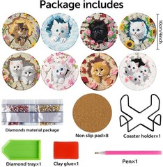 8 Pcs Diamond Art Coasters Kits for Adults with Holder Cork Pads, Cat Diamond Pa