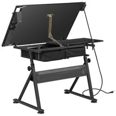 Black Drafting Table & Stool Se Adjustable Height W/ Drawers & Charge Station