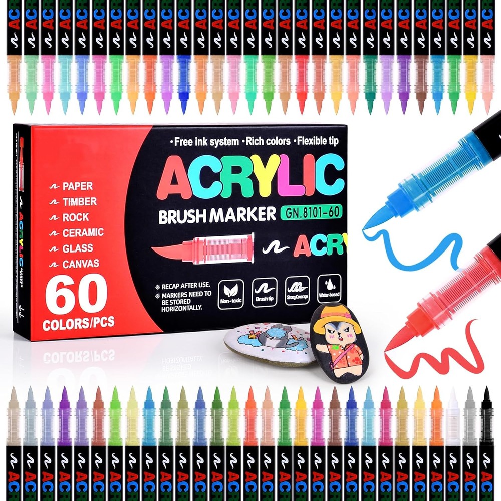 60 Colors Acrylic Markers, Soft Brush Tip Acrylic Paint Markers, Automatic Ink C