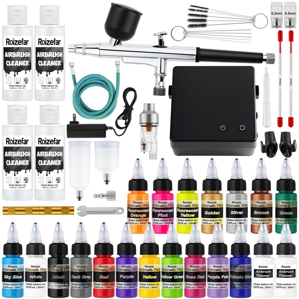 Airbrush Kit Compressor 55 PSI 0.5mm Nozzle 18 Colors Paints Roizefar Nozzles