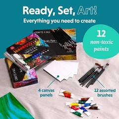 12-Pack Acrylic Paint Set with Brushes & Canvas – Non-Toxic Art Supplies