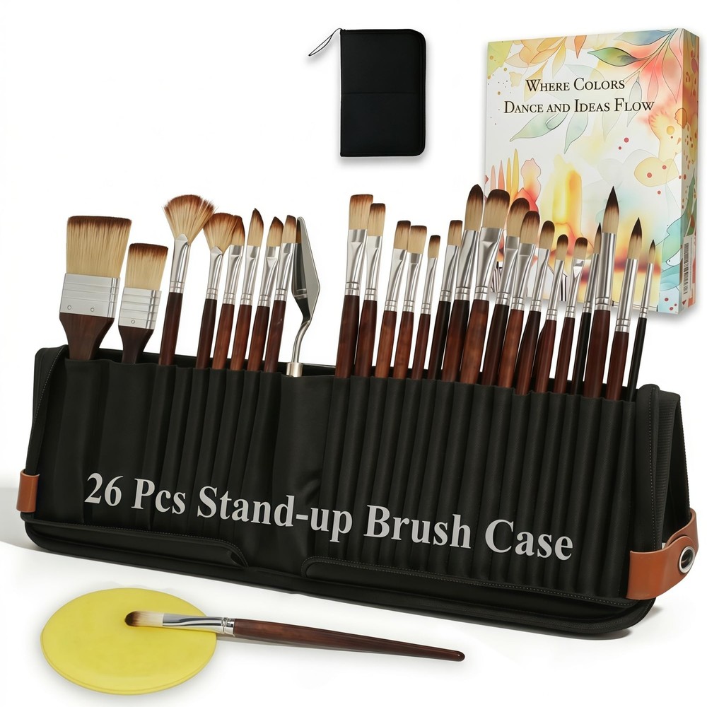 26Pcs Paint Brush Set with Stand-Up Case, Travel Small, Brown