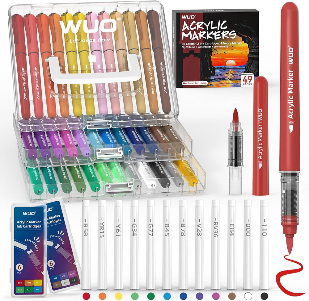 WUO 36 Colors Acrylic Paint Markers with Extra 12 Replaceable Ink Cartridges, Au