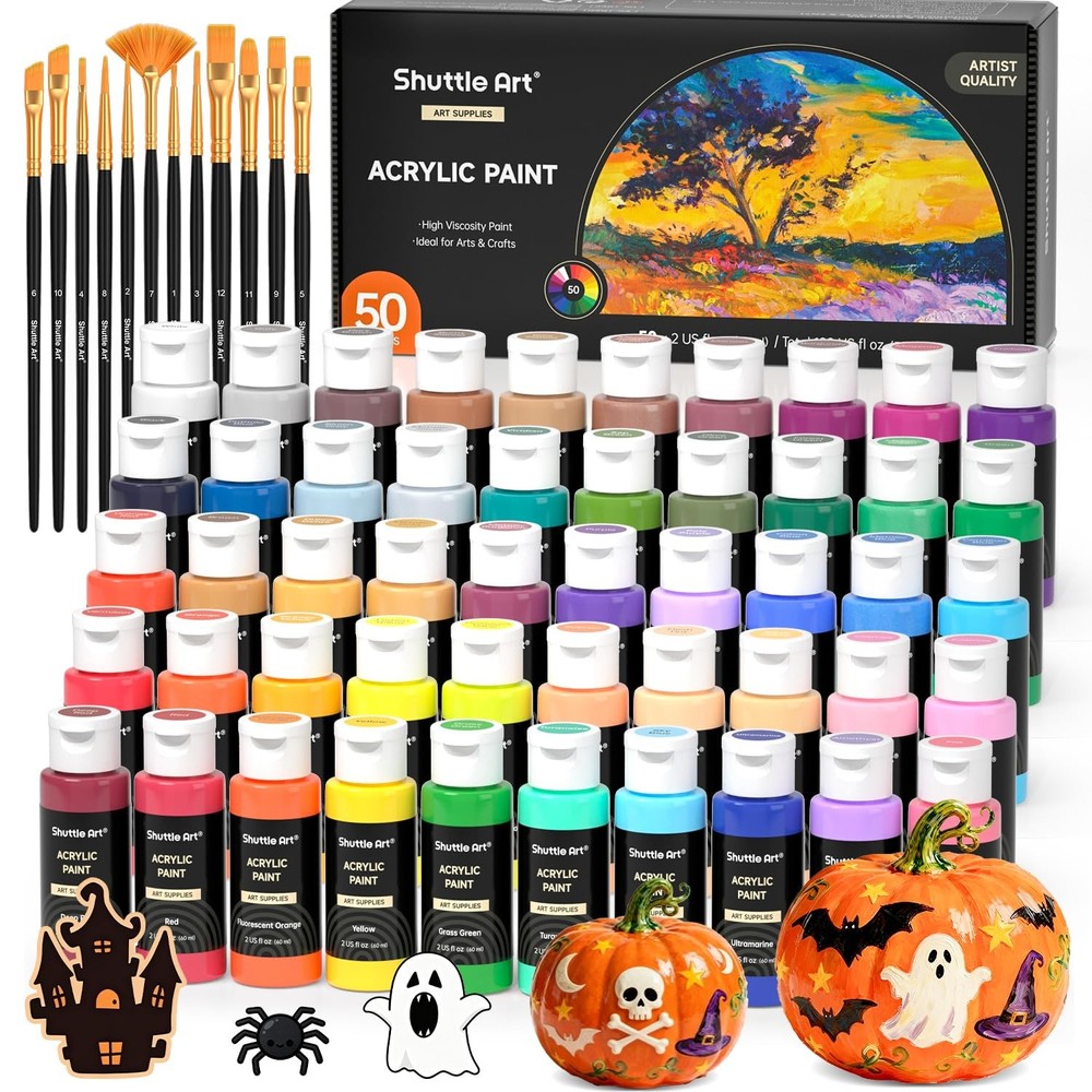 Shuttle Art Acrylic Paint, 50 Colors Acrylic Paint Set, 2oz/60ml Bottles, Rich
