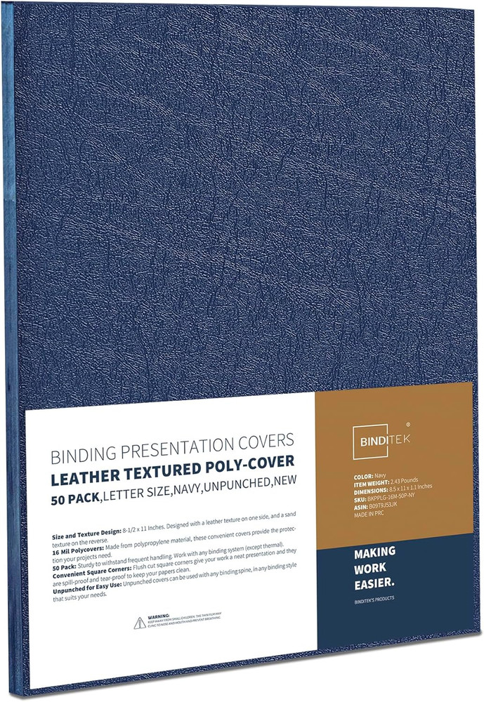 50 Pack 16 Mil Leather-Textured Heavyduty Polycovers, Letter Size, Plastic Bindi