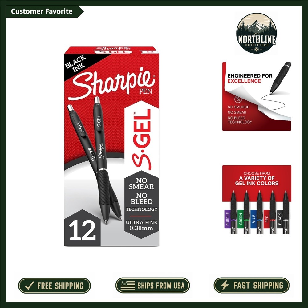 12-Pack S-Gel Black Ink Pens – No Smear, Fine Point 0.38mm for Professionals