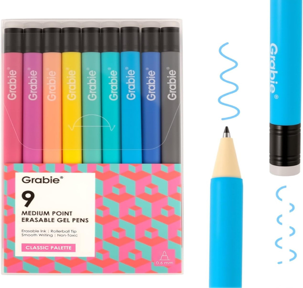 Grabie Erasable Gel Pens, 9 Colors 1 Count (Pack of 1), 9 Pens