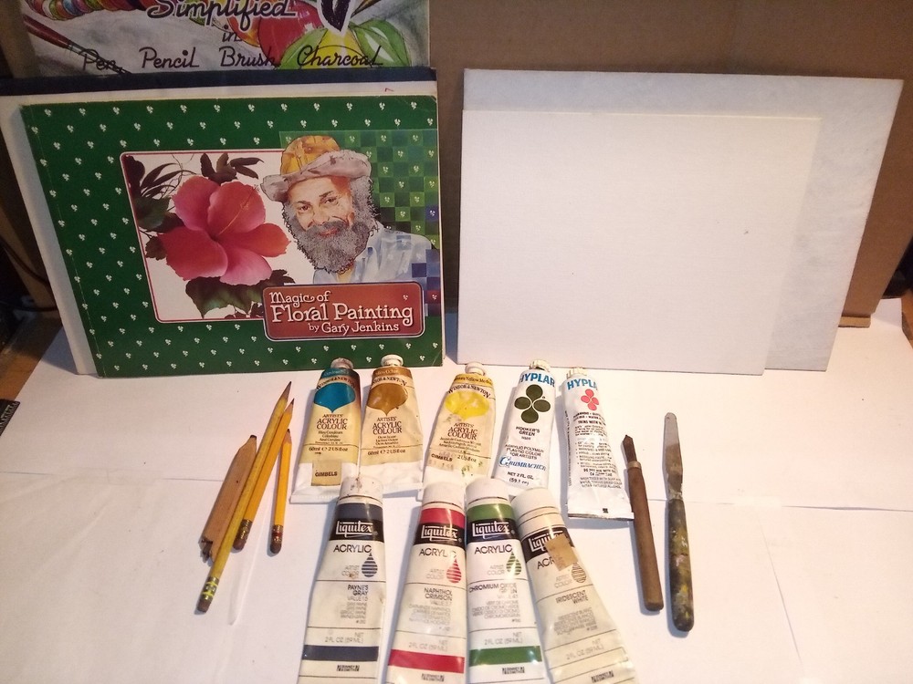 Vintage Art Supplies, Acrylic Paints, Pencils, Knives And How To Books