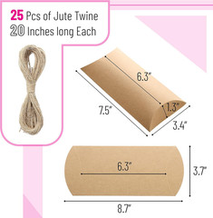 Kraft Pillow Boxes, 6.3×3.4×1.3 in, 25 Pack with Jute Twines, Kraft Gift Boxes,