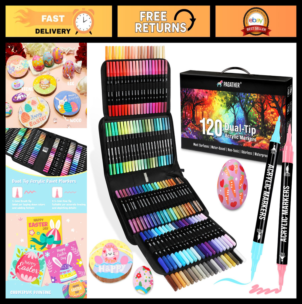 120 Colors Acrylic Paint Markers Set – Dual Tip Fine & Brush Pens for Art, DIY C