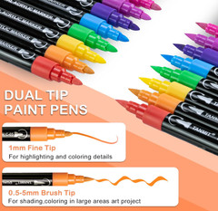 TANMIT 24 Colors Dual Tip Acrylic Paint Markers Brush Fine Tip DIY Crafts