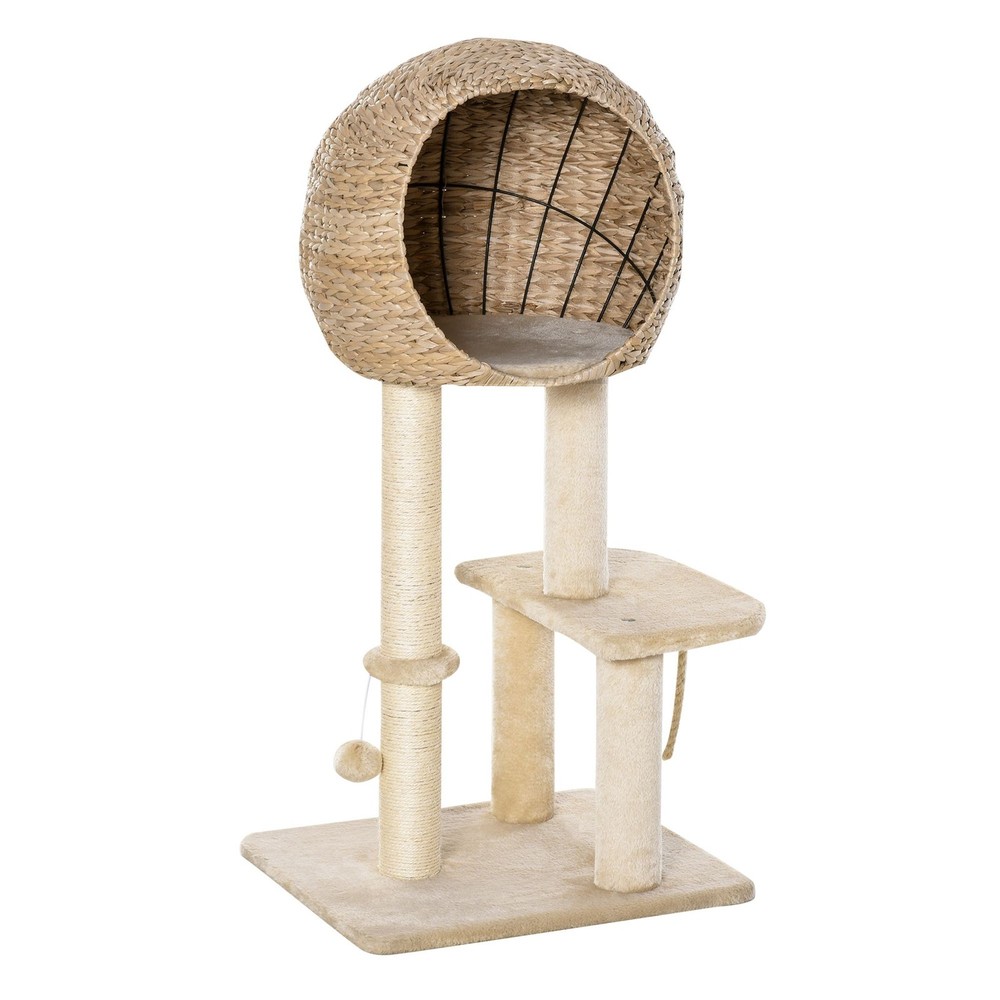 39-Inch Modern Beige Cat Furniture: Condo, Scratch Post & Hanging Rope