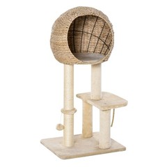 39-Inch Modern Beige Cat Furniture: Condo, Scratch Post & Hanging Rope
