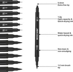 Drawing Pens, 12 Pack Dual Brush Pens Black Markers for Art Drawing Sketching