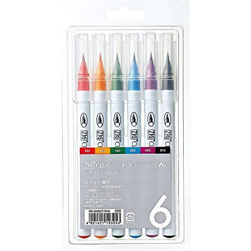 Kuretake ZIG Clean Color Real Brush Pens, 6 Colors with Flexible Brush Tips,