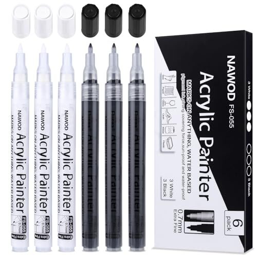 Paint Pens White Black Acrylic Marker 6 Pack, Acrylic Permanent Extra fine Tip