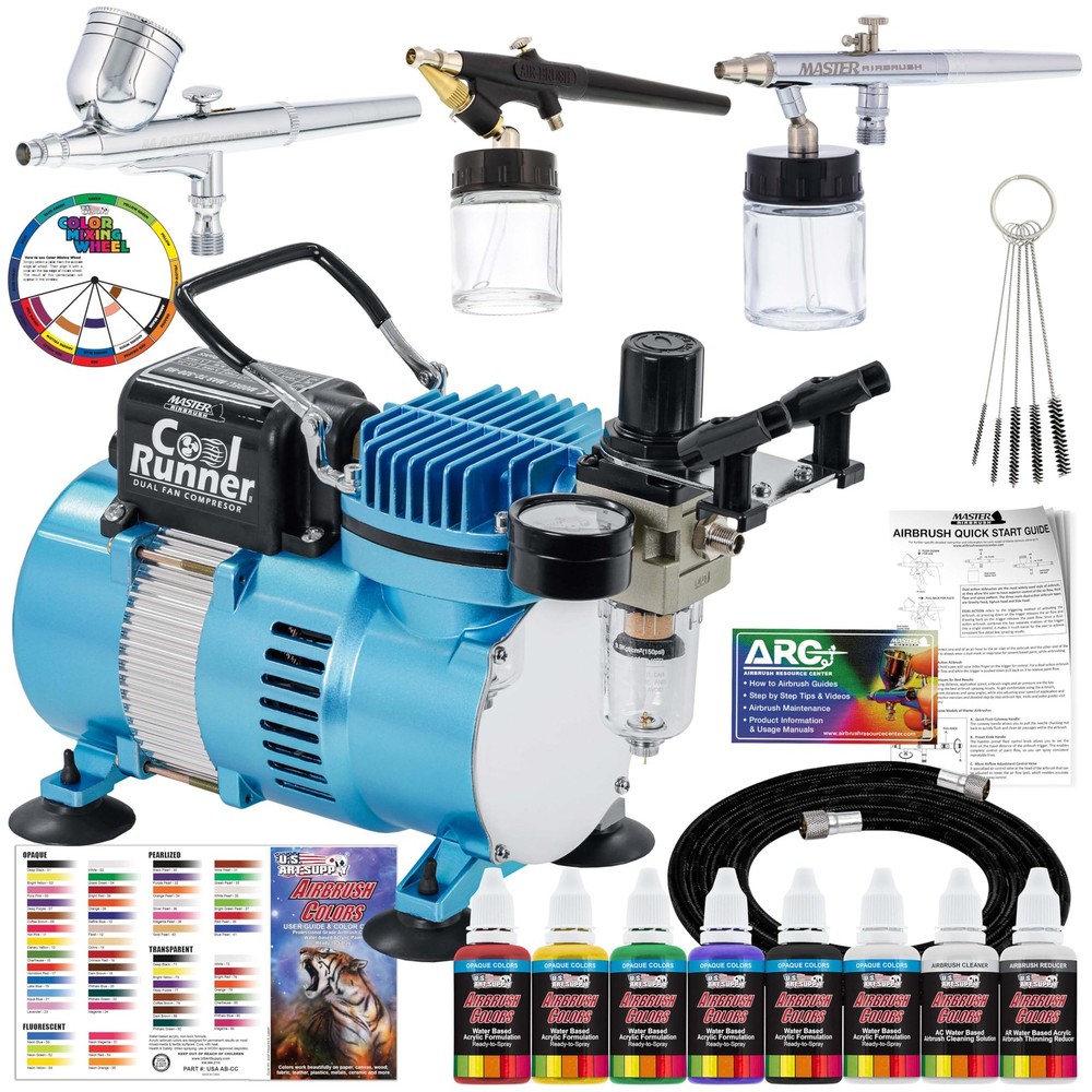 Cool Runner II Airbrush Kit with Dual Fan Air Compressor, 3 Airbrushes, 6 Col…