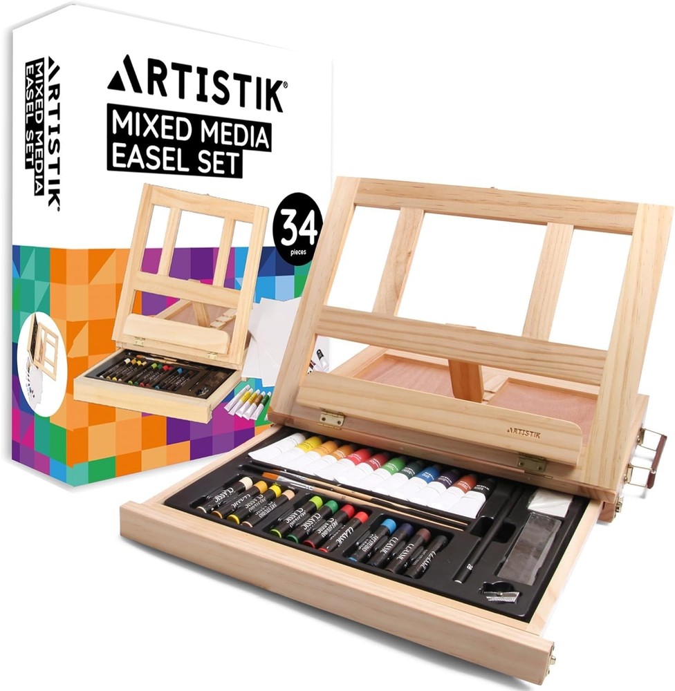 Artistik Mixed Media Easel Art Set – 34-Pc Wooden Desktop Easel Box Paint Set…