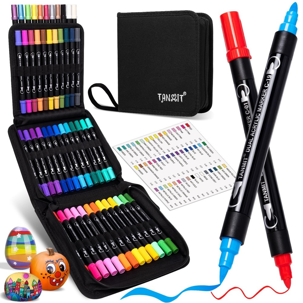 TANMIT 48 Colors Dual Tip Acrylic Paint Markers, Paint Pens Set with Brush Tip a