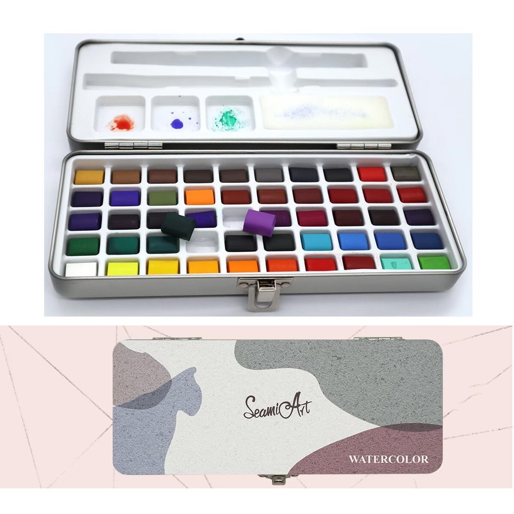 Professional 50 Colors Watercolor Paint Draw Painting + Water Brush Pigments Set