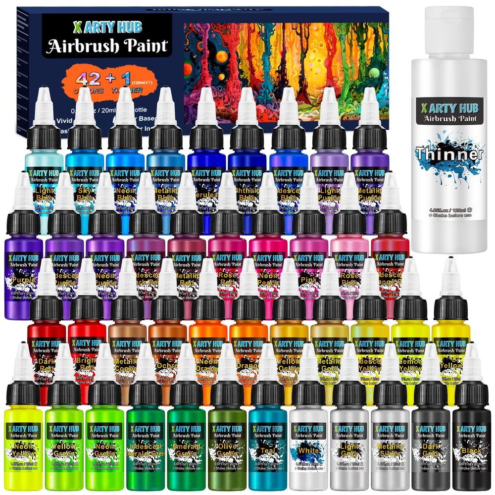Airbrush Paint – 42 Colors with 4.05 Fl Oz Thinner, Iridescent, Neon and Meta…
