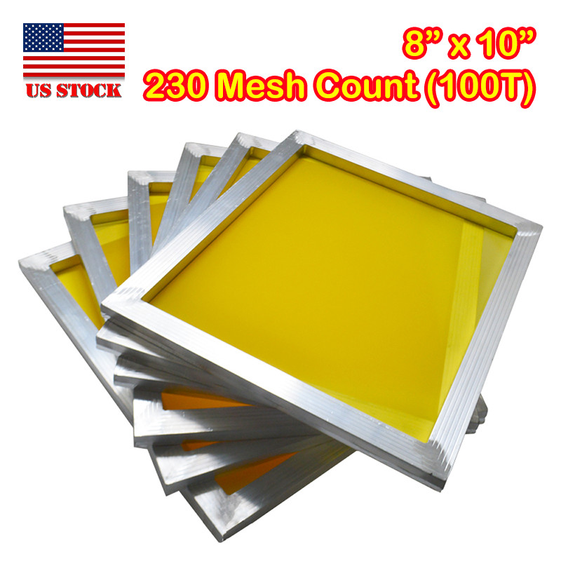 6 Pcs Screen Frames w Yellow 230 Mesh (100T) for Screen Printing Press 8″x10″