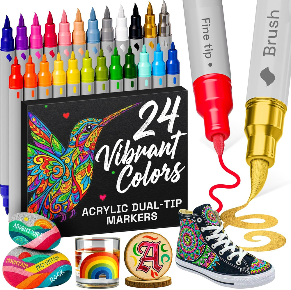 24 Acrylic Paint Markers – Paint Pens for Drawing, Brush + Fine Tips – for Fabri