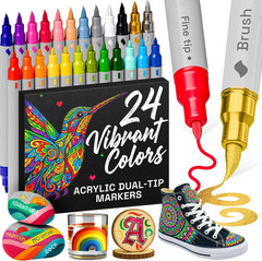 24 Acrylic Paint Markers – Paint Pens for Drawing, Brush + Fine Tips – for Fabri