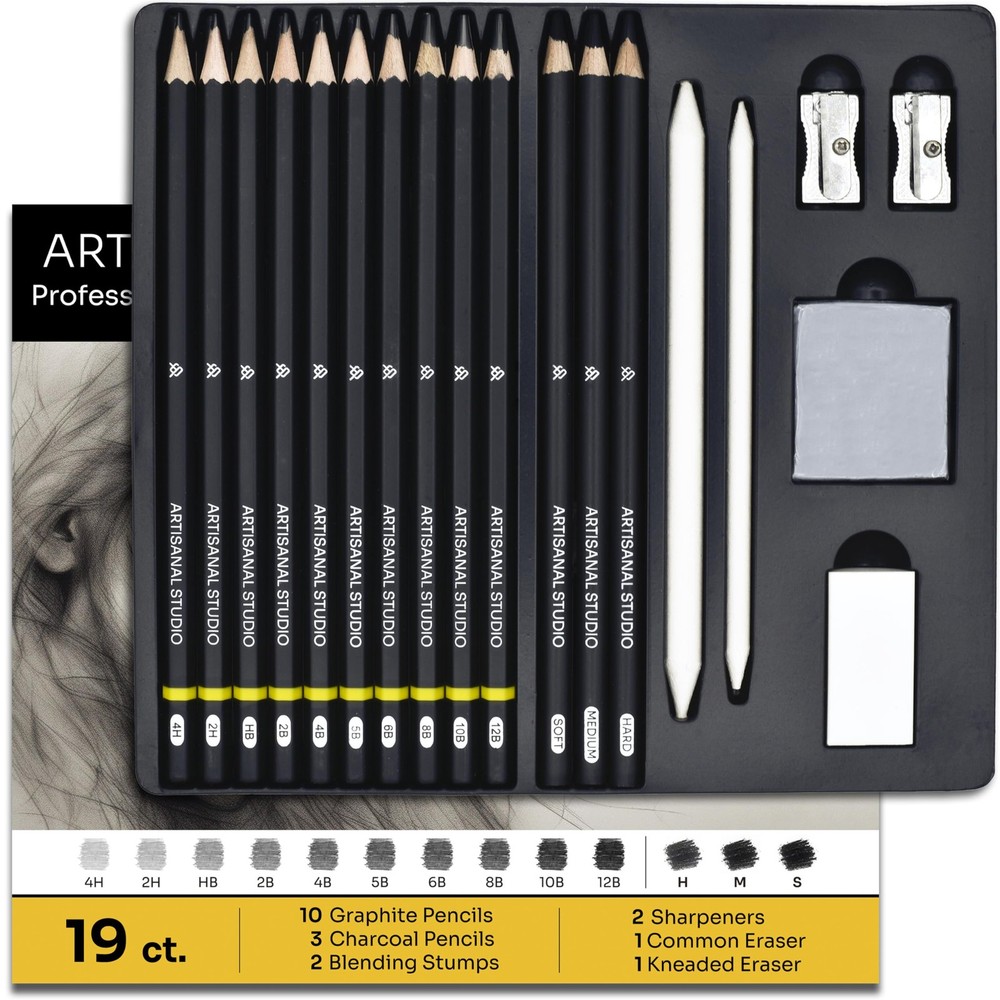 ARTISANAL STUDIO Pro Drawing & Sketching Kit 12B4H Graphite, Charcoal, Tools