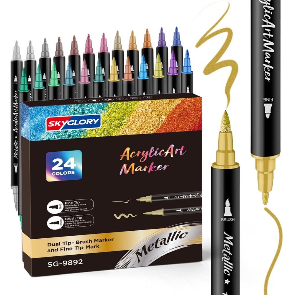 24 Color Dual Tip Metallic Acrylic Paint Pens for Rock Painting, Metallic Mar…
