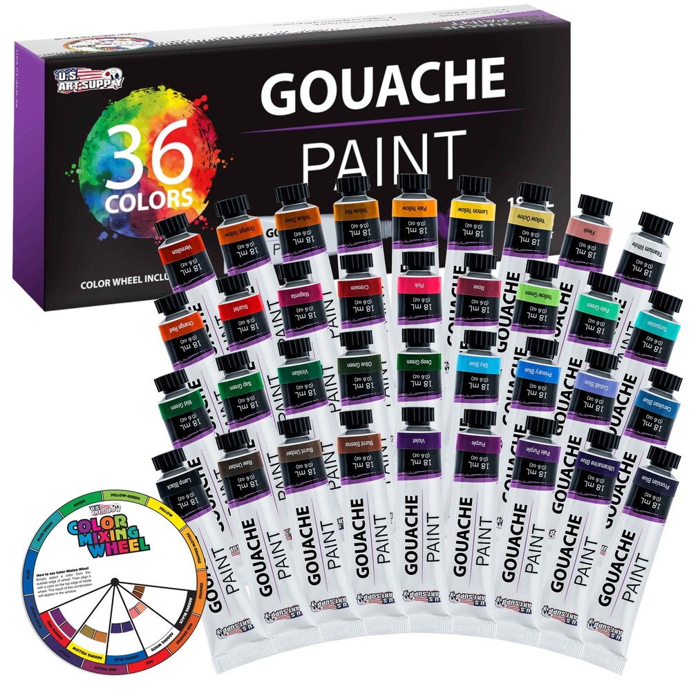U.S. Art Supply 36 Color Set Gouche Paint in Large 18ml Tubes Color Mixing Wheel