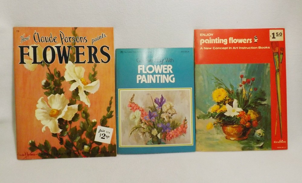 3 Vintage Flower Painting Books Lot-Claude Parsons, Golden Press & Craftint