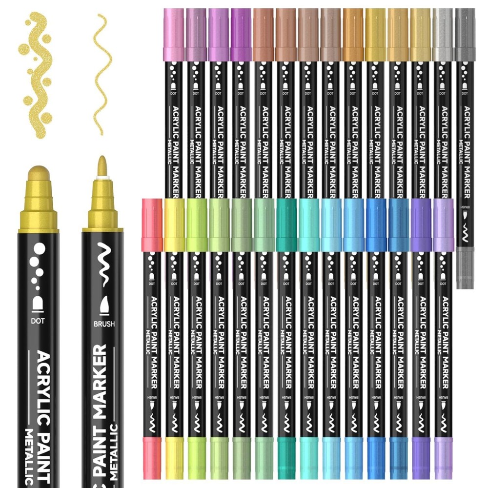 28 Metallic Colors Dual Tip Acrylic Paint Markers, Dot Tip and Fine Tip Acryl…