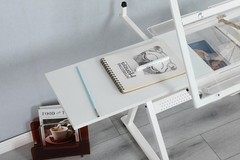 White Adjustable Tempered Glass Drafting Printing Table with Chair