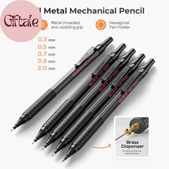 Black Art Mechanical Pencil Set, 5PCS Metal Drafting Pencils 0.3, 0.5, 0.7, 0.9
