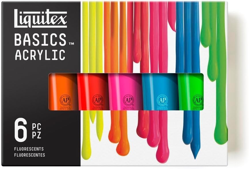 BASICS 6x118ml Fluorescent Acrylic Paint Set – High Pigment Quality for Art