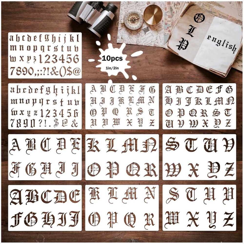 10 Pieces Old English Stencil Template 1 and 2 Inch 10 x 6 inches, white