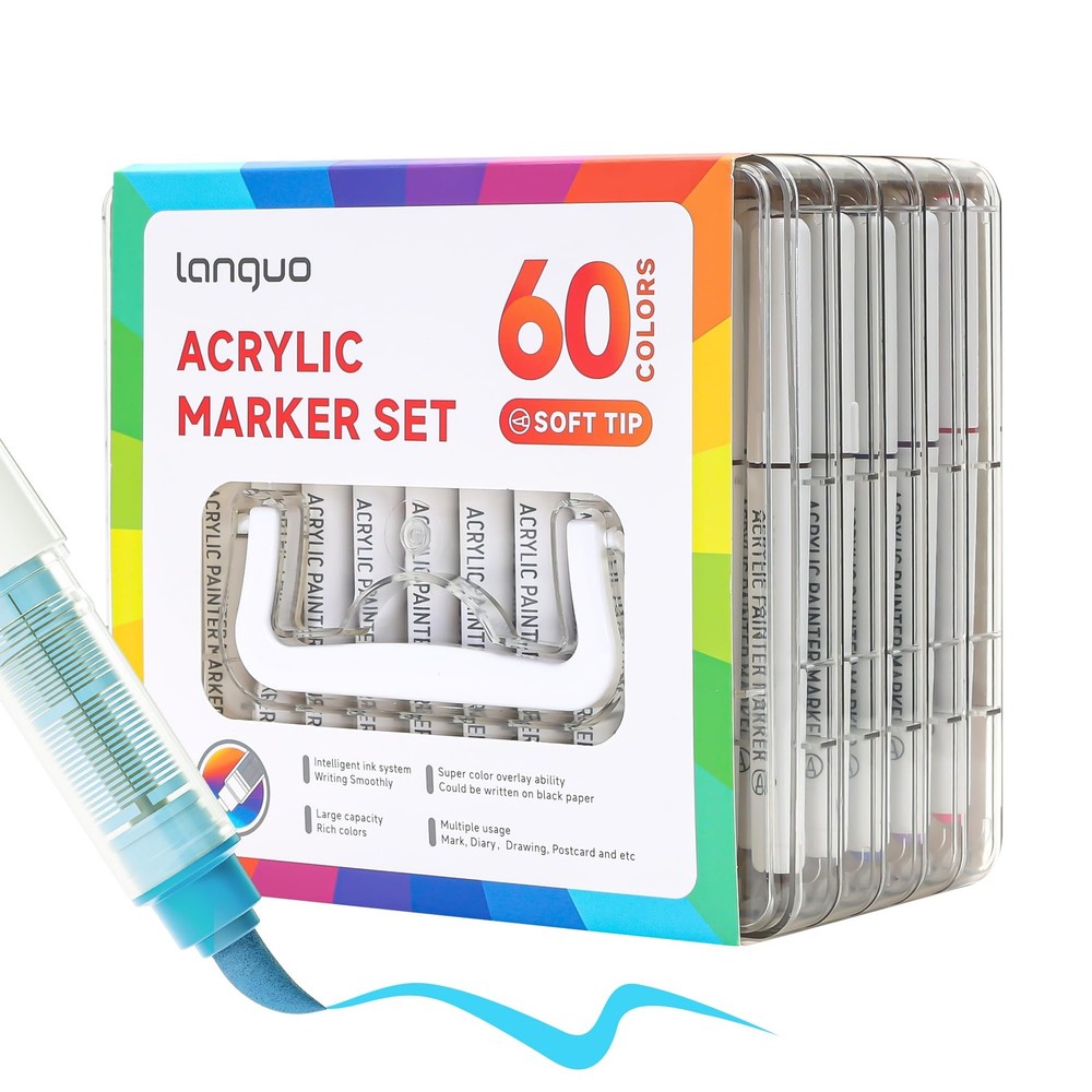 60 Colors Acrylic Paint Markers Pens Set, Soft Brush Tip Markers with Fast Dr…