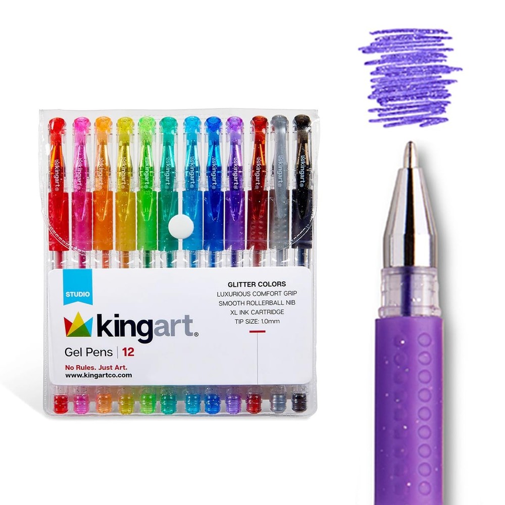 KINGART Glitter Rollerball Gel 12 Count (Pack of 1), Assorted Colors
