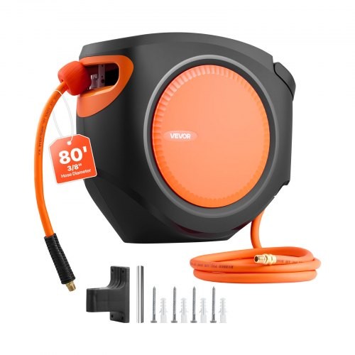 Retractable Air Hose Reel, 3/8 Inch x 80 FT Hybrid Air Hose Max 300PSI, Encl…
