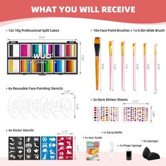 WUO Professional Face Painting Kit for Kids Adults, 12x10g Split Cake Palette wi